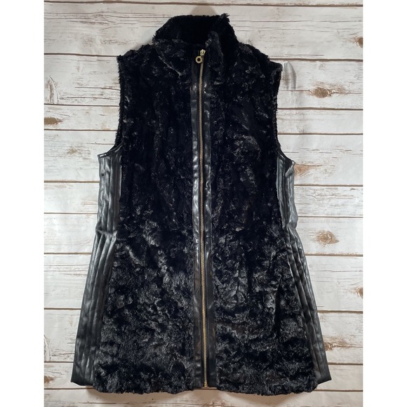 Andrew Marc Jackets & Blazers - Marc New York Andrew Marc Black Faux Fur Vest-Leather Trim and Gold Zipper Small